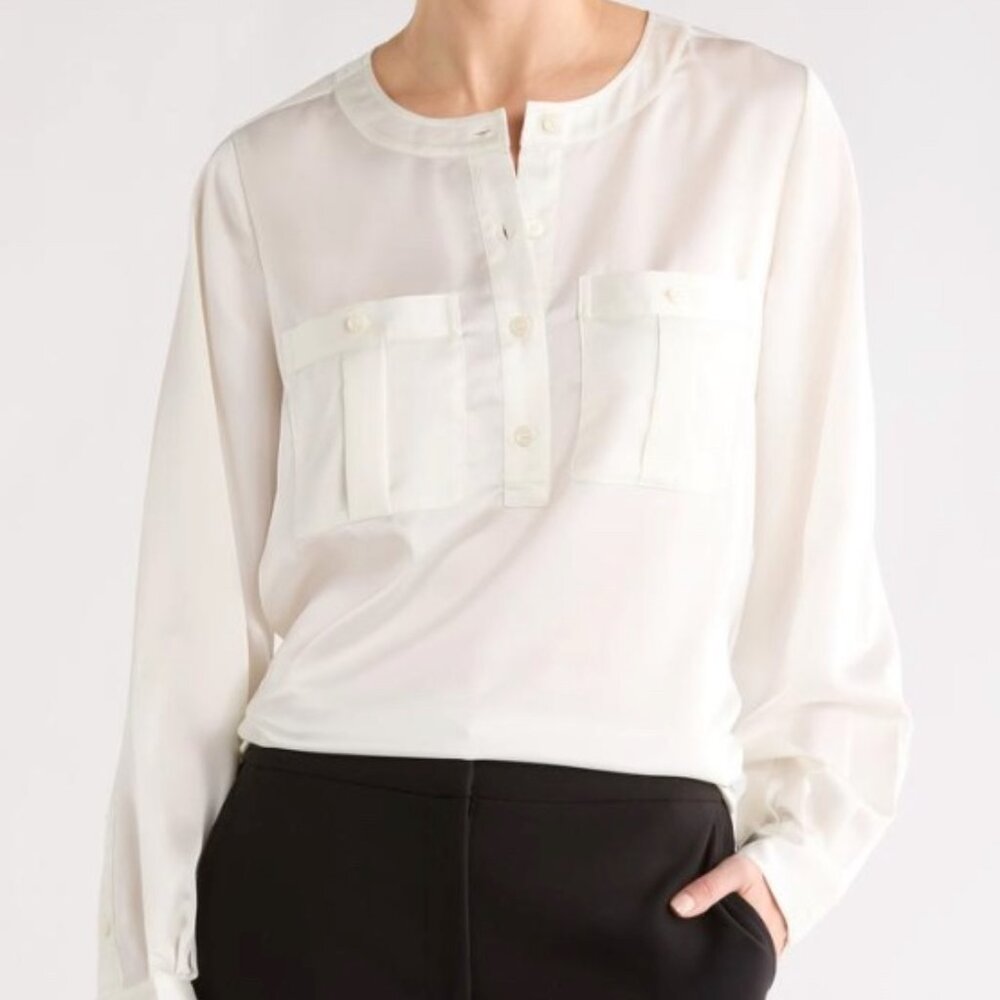 FRAME The Henley Neck Long Sleeve Silk Blouse Cream Size S NWT